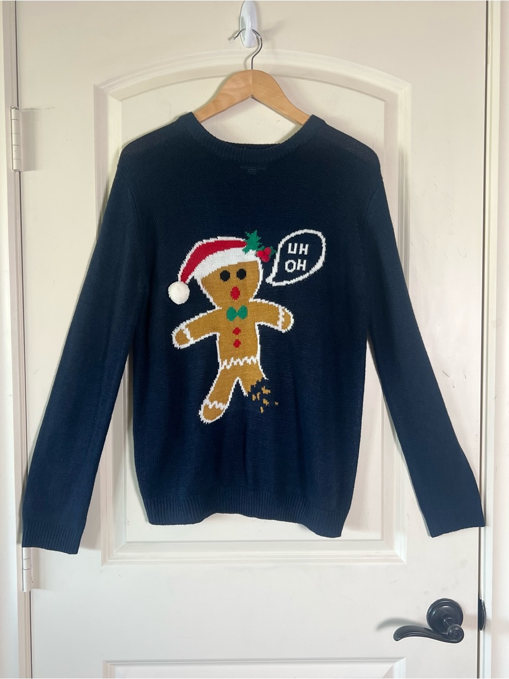 Vintage Navy Gingerbread Man "Bite Me" Ugly Christmas Sweater Cotton Blend